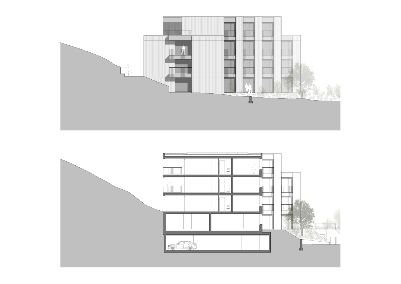 buan architekten – Neubau Wohnhaus Waldweg Luzern – Ansicht/Schnitt