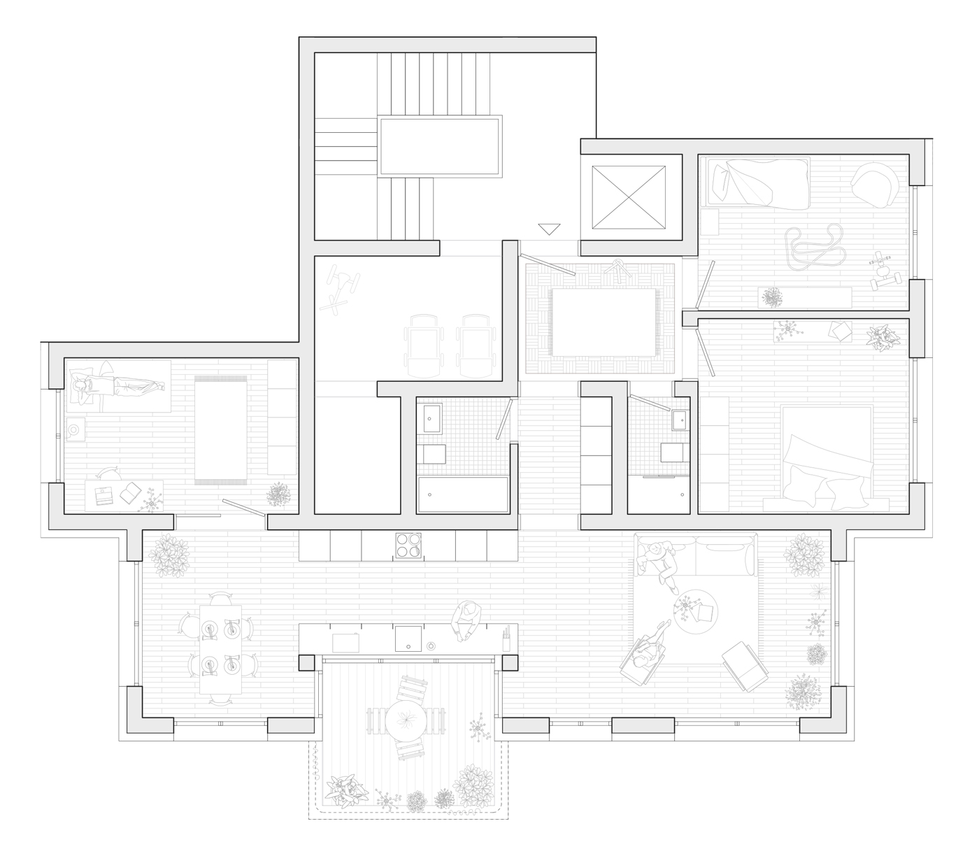 buan architekten – Studienauftrag Meierhoefli Metti – Wohnungsgrundriss 4.5-Zimmer Kopfende
